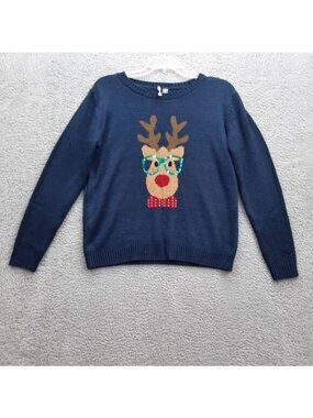 Love By Design Womens Reindeer Glasses Bowtie Navy Blue Christmas Sweater Sz XL